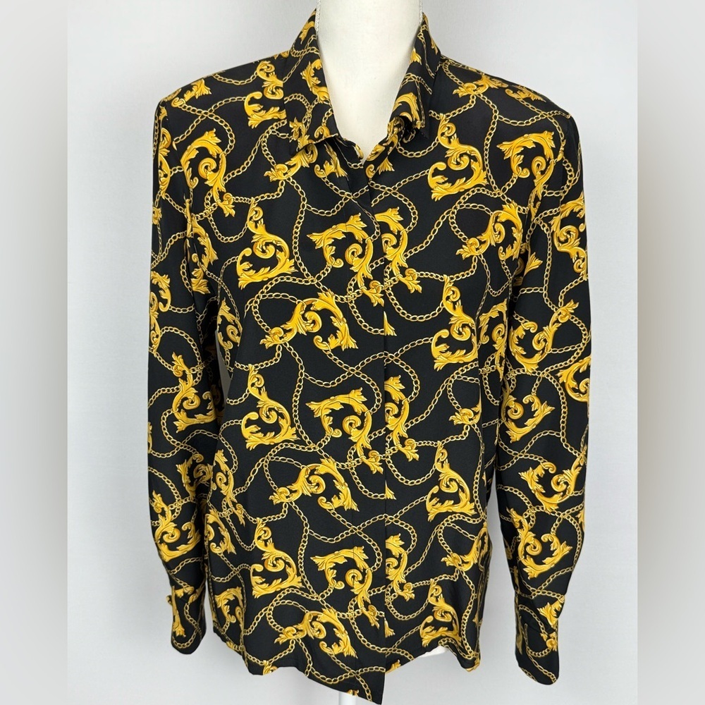 Vintage 90s Barrie Pace Ltd Women’s Silk Blouse Black Gold Chain Print Size 4